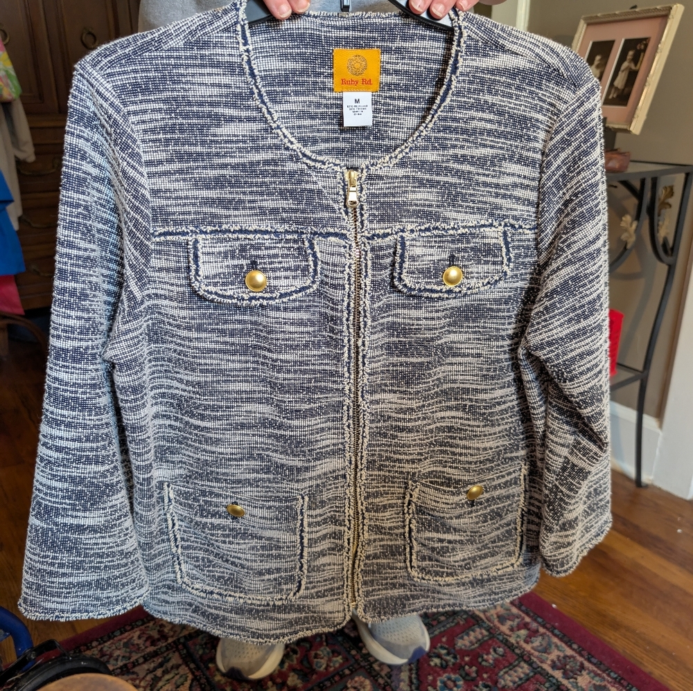 Ruby Rd. Short Jacket, M, Black White Blend, Metallic Accent Buttons